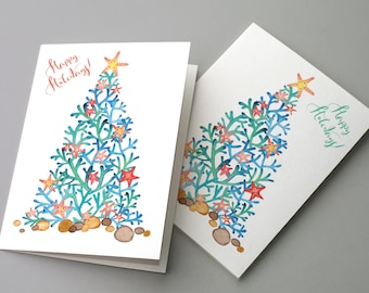 24 Ocean Christmas Tree Cards in 2 Colorful Beach Illustrations + Envelopes RR3 66250