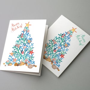 24 Ocean Christmas Tree Cards in 2 Colorful Beach Illustrations + Envelopes RR3 66250