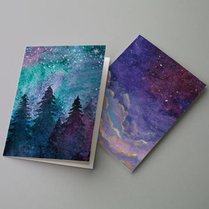 Aquarelles Nuit étoilée – Coffret 24 cartes avec enveloppes | Lot de cartes de correspondance Scènes de la nature, ciel nocturne et coucher de soleil