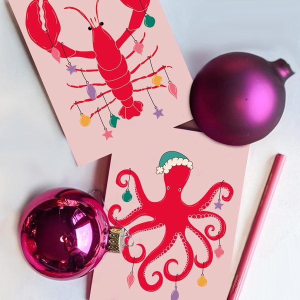 24 Sea-Sonal Holiday Greeting Cards with Two Festive Lobster and Octopus Illustrations + Envelopes