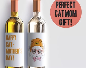 2 Cat Mom Mother's Day Gifts | Wine Bottle Labels for Kitty Catmom