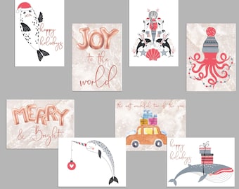 24 Coral Pink Nautical Christmas Cards - Girly Under Water Holidays | Octopus Narwhal Mermaid Whale Box Set RR0  6074