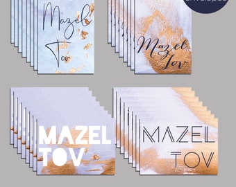 Mazel Tov Blank Greeting Cards - 24 Jewish Simcha Cards + Envelopes Blue Watercolor Gold Bris Bar Bat Mitzvah Wedding 6051