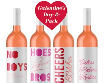 May include: Four bottles of pink wine with labels that say "No Boys Allowed", "Hoes Before Bros", "Cheers Bitches", and "Sisters Before Misters". The bottles are arranged in a row from left to right. The labels are in pink and red lettering. The bottles are on a white background. Galentine's Day 8-Pack.