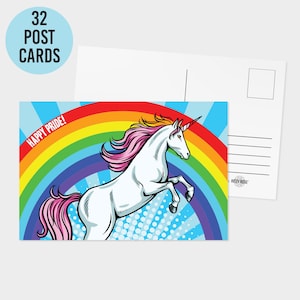 Ensemble de cartes postales licorne de fierté | 32 cartes de célébration arc-en-ciel pour le mois de la fierté LGBTQIA+ et au-delà