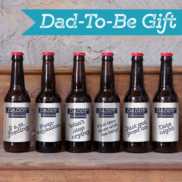 Daddy Milestones Beer Bottle Labels - 6 Dad To Be Gift Diaper Party Present Husband Present First Poop Explosion 2AM Bottle Feeding 7012