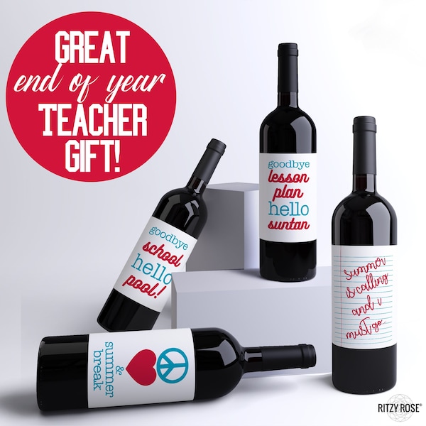 Summer Break Teacher Wine Labels - Set of 4 Stickers | School's Out Celebration | Wine Bottle Stickers, Easy to Apply Educator Gift
