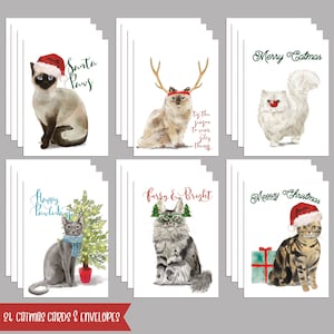 May include: A set of 24 Catmas cards and envelopes featuring watercolor illustrations of cats in festive attire. Each card showcases a different cat with holiday-themed accessories and text such as "Santa Paws" and "Meowy Christmas."