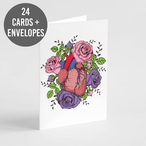 Cartões de saudação de coração botânico | Design floral | Bloom & Grow | Conjunto de 24 caixas | Pacote a granel com envelopes brancos