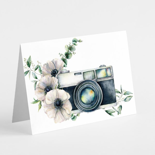 24-Pack Floral Camera Greeting Cards - Vintage Camera with Flowers Illustration - Photographer Stationery