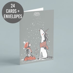 24 cartes de vœux de Noël girly + enveloppes - Fille et sa licorne dans la neige d’hiver - Cartes de Noël non spécifiques - Vierge à l’intérieur RR0 6256