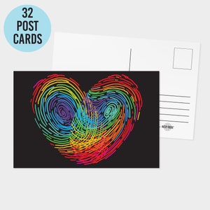 Postales con forma de corazón con huella digital de arcoíris, juego de 32, notas artísticas de amor y amistad, papelería única y colorida