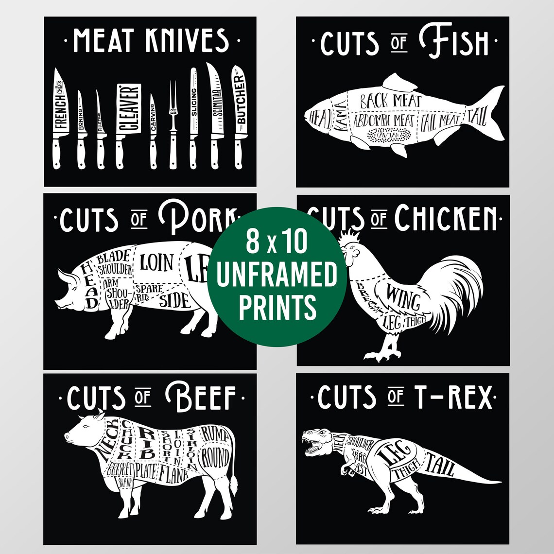 6 Butcher Prints Vintage Meat Diagram Chart Illustrations Cuts of Meat ...