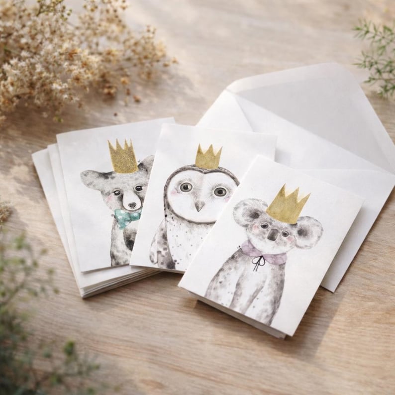 May include: A set of watercolour greeting cards depicting a fox, owl, and koala, each adorned with a gold crown. The cards are arranged on a wooden surface, with a white envelope visible. The illustrations use soft, muted colours.