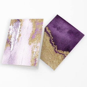 Conjunto de 24 cartões de arte abstrata roxos e dourados, conjunto luxuoso de papelaria em aquarela de ametista
