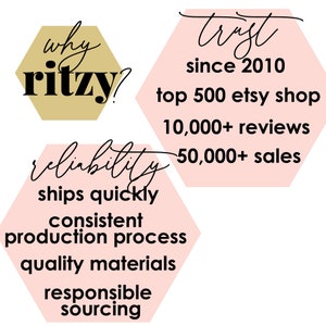 May include: A pink hexagon with the text "reliability" written in cursive. Below the text are the words "ships quickly", "consistent production process", "quality materials", and "responsible sourcing". A gold hexagon with the text "why ritzy?" is in the upper left corner. A pink hexagon with the text "trust since 2010" is in the upper right corner. Below the text are the words "top 500 etsy shop", "10,000+ reviews", and "50,000+ sales".