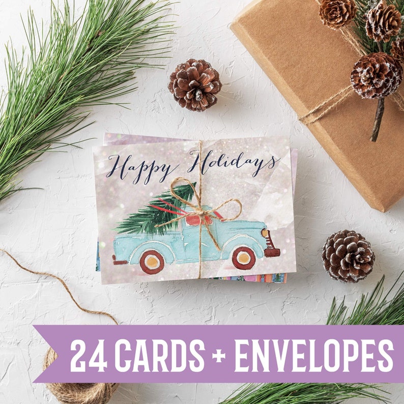 Pink Marble Christmas Cards Set of 24 - Vintage Truck and Tree Holiday Cards in Blush and Gold, with Envelopes image 2