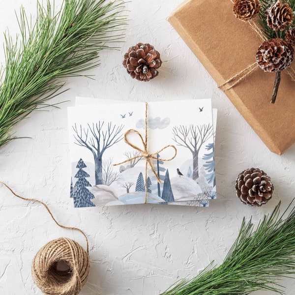 24 Winter Scene Greeting Cards + Envelopes | Happy Winter Nondenominational Holiday | Blue Grey Snowy Trees 6510