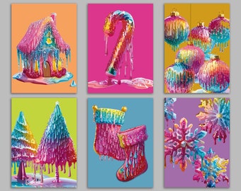 24 Rainbow Crystal Christmas Icon Cards in 6 Dripping Iridescent Illustrations with Envelopes