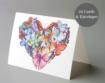 24-Pack Colorful Butterfly Heart Card Set, Vibrant Winged Love Note Collection