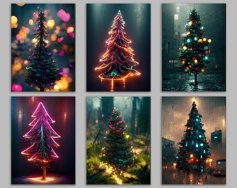 24 Modern Christmas Tree Cards in 6 Glowing Holiday Lights Designs + Envelopes RR3 6957