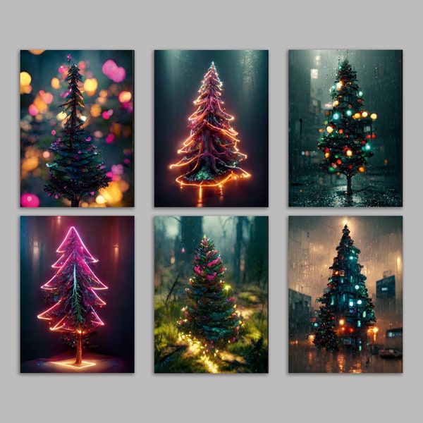 24 Modern Christmas Tree Cards in 6 Glowing Holiday Lights Designs + Envelopes RR3 6957