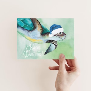 Set van 24 tropische kerstkaarten + witte enveloppen, nautische vakantiewensen, 4 aquarel kerstman zeeschildpadontwerpen voor kustkerstmis