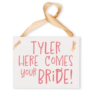 Custom Name Here Comes Your Bride Banner - Handmade Wedding Ceremony Sign - Paper Cardstock & Sewn Personalized Banner