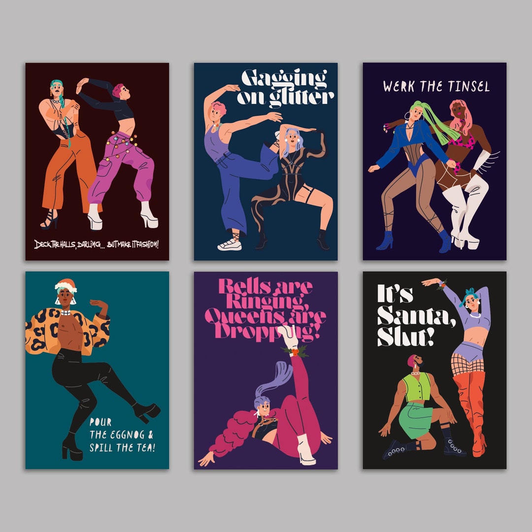 24 Drag Queen Christmas Cards in 6 Modern Colorful Queer Illustrations