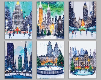 24 Manhattan Ice Skating Holiday Cards in 6 Whimsical Illustrations with Envelopes 60378