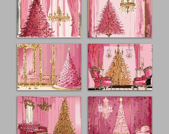 24 Pink and Gold French Ballroom Christmas Cards in 6 Elegant Illustrations with Envelopes 60281