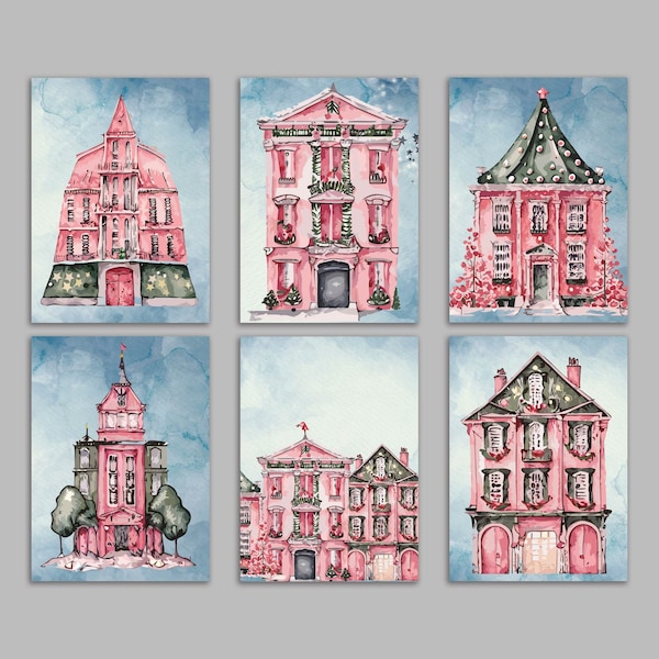 24 Pink Fancy Französische Hotels Weihnachtskarten in 6 wunderlichen Stilen + Umschläge