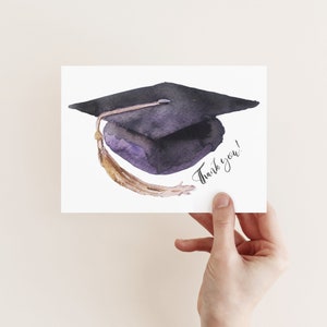 24 Dankeskarten Schulabschluss | Aquarell lila schwarz graduierte Mütze Abitur College | Leere Innenumschläge Box Set Danke