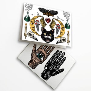 Mystieke en occulte symbool-wenskaartenset - Kat- en handlijnkunde-ontwerpen - 24-pack
