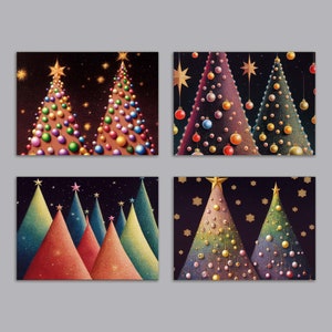 24 Modern Christmas Tree Cards in 4 Colorful Designs + Envelopes RR3 6965