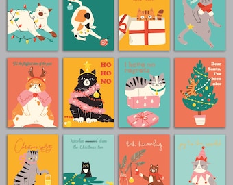 24 Funny Colorful Cat Christmas Cards in 12 Unique Illustrations + Envelopes RR3 6925