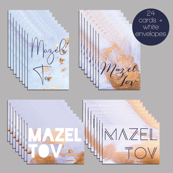 Mazel Tov Blank Greeting Cards - 24 Jewish Simcha Cards + Envelopes Blue Watercolor Gold Bris Bar Bat Mitzvah Wedding 6051