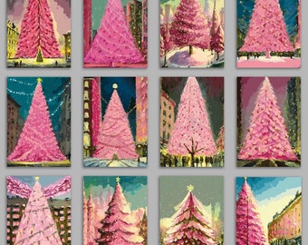 24 Elegant Glowing Pink Christmas Tree Cards in 12 Whimsical City Scenes with Envelopes 60285