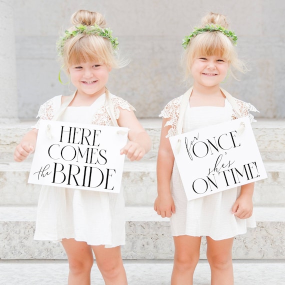 Set of 2 Wedding Ceremony Signs | 'here Comes the Bride' and 'for Once  She's on Time!' Banners | Charming Ring Bearer & Flower Girl Props - Etsy