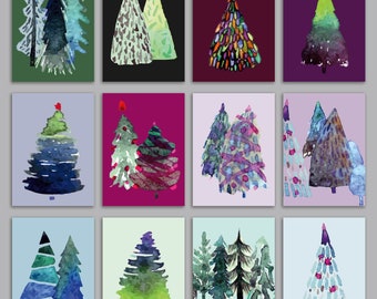 24 Watercolor Christmas Tree Cards in 12 Modern Abstract Designs + Envelopes RR3 6942