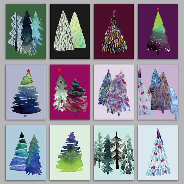 24 Watercolor Christmas Tree Cards in 12 Modern Abstract Designs + Envelopes RR3 6942