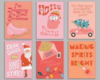 24 Dreaming of Pink Christmas Cards in 6 Modern Boho Illustrations + Envelopes RR3 6964