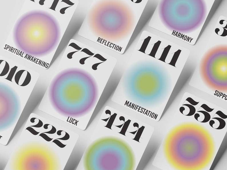 May include: A set of cards with colorful gradient circles and numbers. The cards feature different angel numbers and their meanings, such as 777 for luck, 1111 for manifestation, and 222 for spiritual awakening.