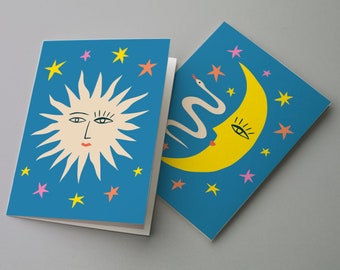 24-Pack Celestial Greeting Cards, Whimsical Woodblock Style Sun and Moon Art Notecards with Envelopes