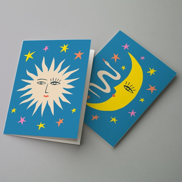 24-Pack Celestial Greeting Cards, Whimsical Woodblock Style Sun and Moon Art Notecards with Envelopes