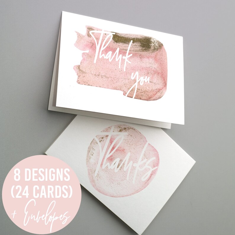 Blush Pink Gold Watercolor Thank You Cards 24 Blank Cards Etsy