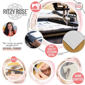 May include: A close-up of a sewing machine stitching a white fabric with a high quality stitching detail. The image also shows a woman's face, a pair of scissors cutting a ribbon, a hand tying a ribbon, and a hand attaching a button. The text "RITZY ROSE SINCE 2010" is visible in the top left corner. The text "HIGH QUALITY STITCHING DETAIL" is visible in the bottom left corner. The text "HAND CRAFTED" is visible in the bottom right corner. The text "USA" is visible in the top right corner.