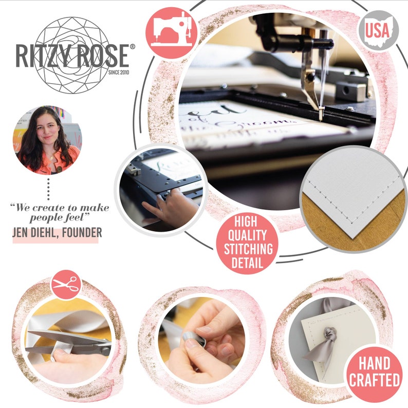 May include: A close-up of a sewing machine stitching a white fabric with a high quality stitching detail. The image also shows a woman's face, a pair of scissors cutting a ribbon, a hand tying a ribbon, and a hand attaching a button. The text "RITZY ROSE SINCE 2010" is visible in the top left corner. The text "HIGH QUALITY STITCHING DETAIL" is visible in the bottom left corner. The text "HAND CRAFTED" is visible in the bottom right corner. The text "USA" is visible in the top right corner.