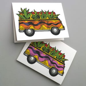 Retro Hippy Van Cannabis Grußkarten Set - 24 Weed Lover Briefpapier, Groovy 60s Vibes, Pot Leaf Art, Kiffer Geschenk, Karten für jeden Anlass