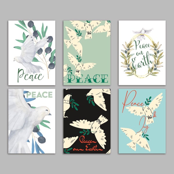24 Peace on Earth Holiday Cards with 6 Christmas Dove Illustrations + Envelopes RR3 6918